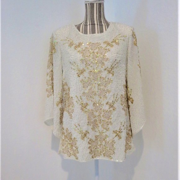 Midnight Velvet Tops - Off White Gold Beaded Bell Sleeve Top